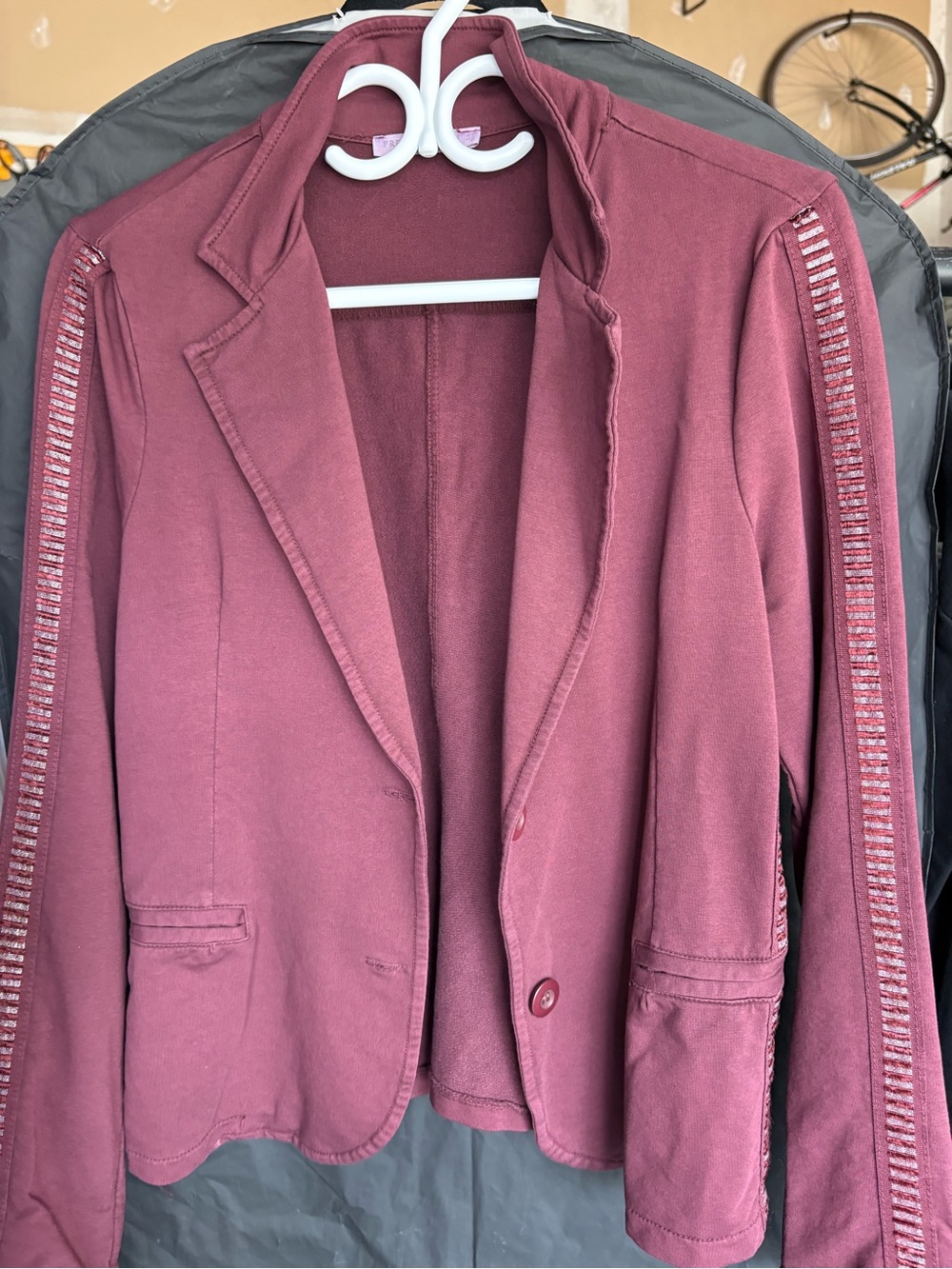 Fredrick Ian Womens Burgundy Blazer with Decorative Sleeve Trim